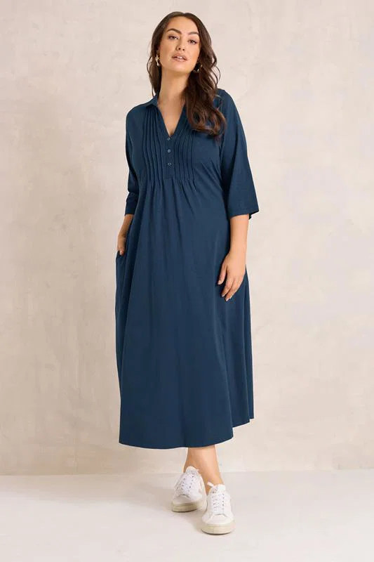 Navy Blue Cotton Henley Dress detail 1