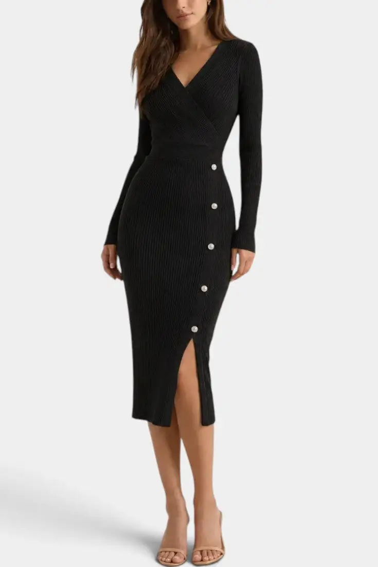 Ribbed-Knit V-Neck Midi Dress