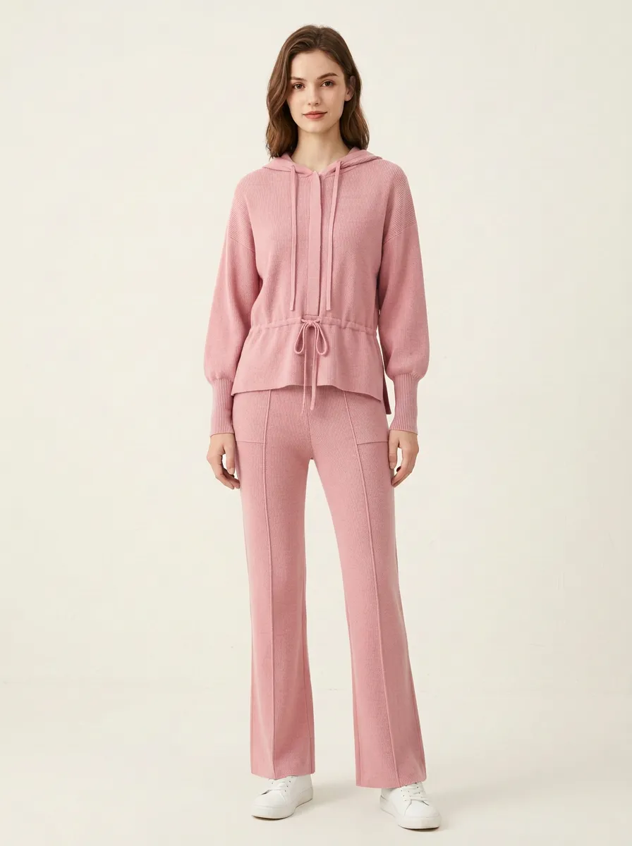 Women's Casual Solid Blue Ribbed Knit Hoodie and Pants Set