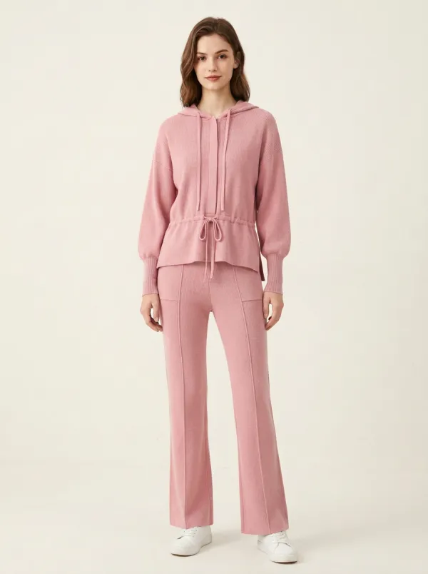 Women's Casual Solid Blue Ribbed Knit Hoodie and Pants Set