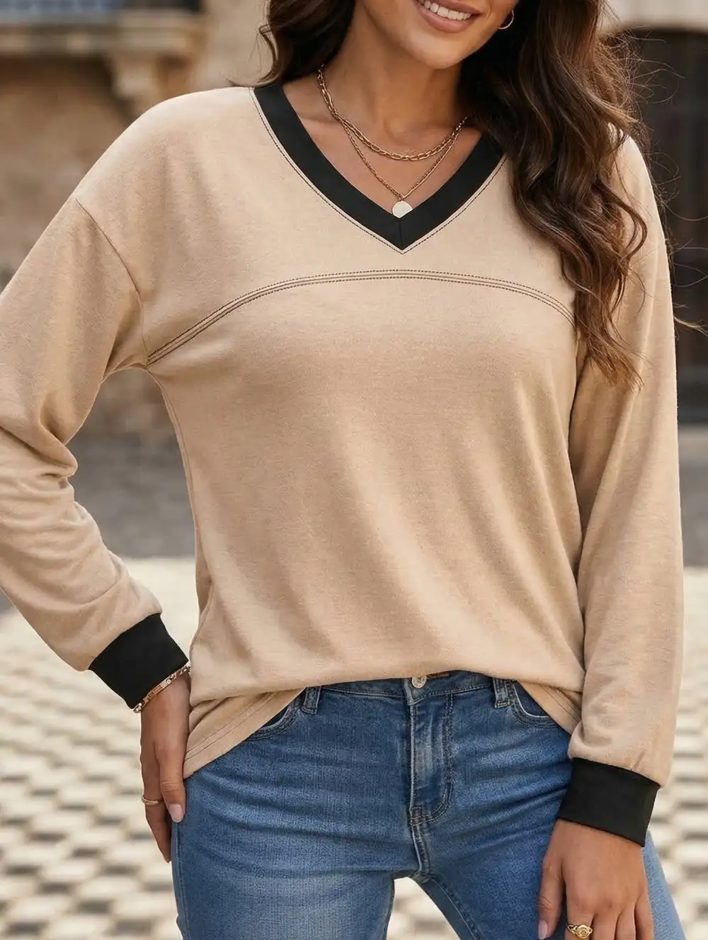 Contrast V Neck Loose Sweatshirt