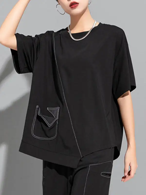 Relaxed Short Sleeve Asymmetric Panel Detail Round Neck T-Shirt