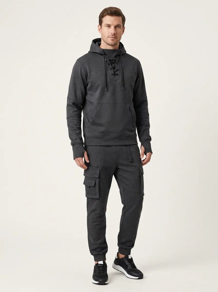 Resort-Inspired Lace-Up Multi Pocket Look Men's Lace Up Hoodie And Cargo Jogger Set