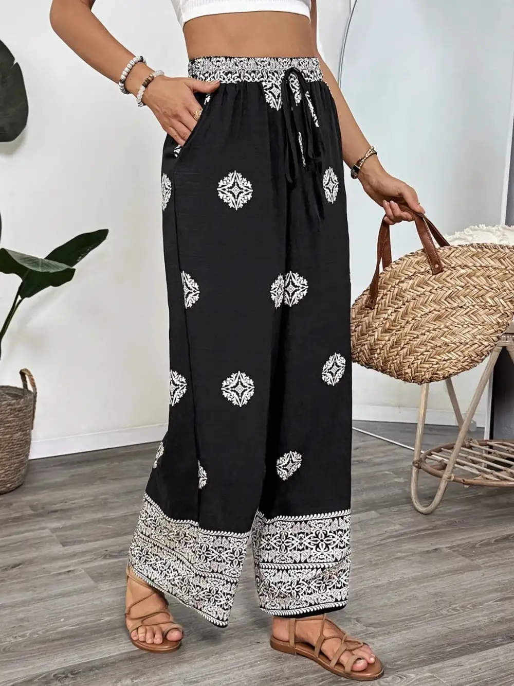 Relaxed Boho Print Wide Leg Pants