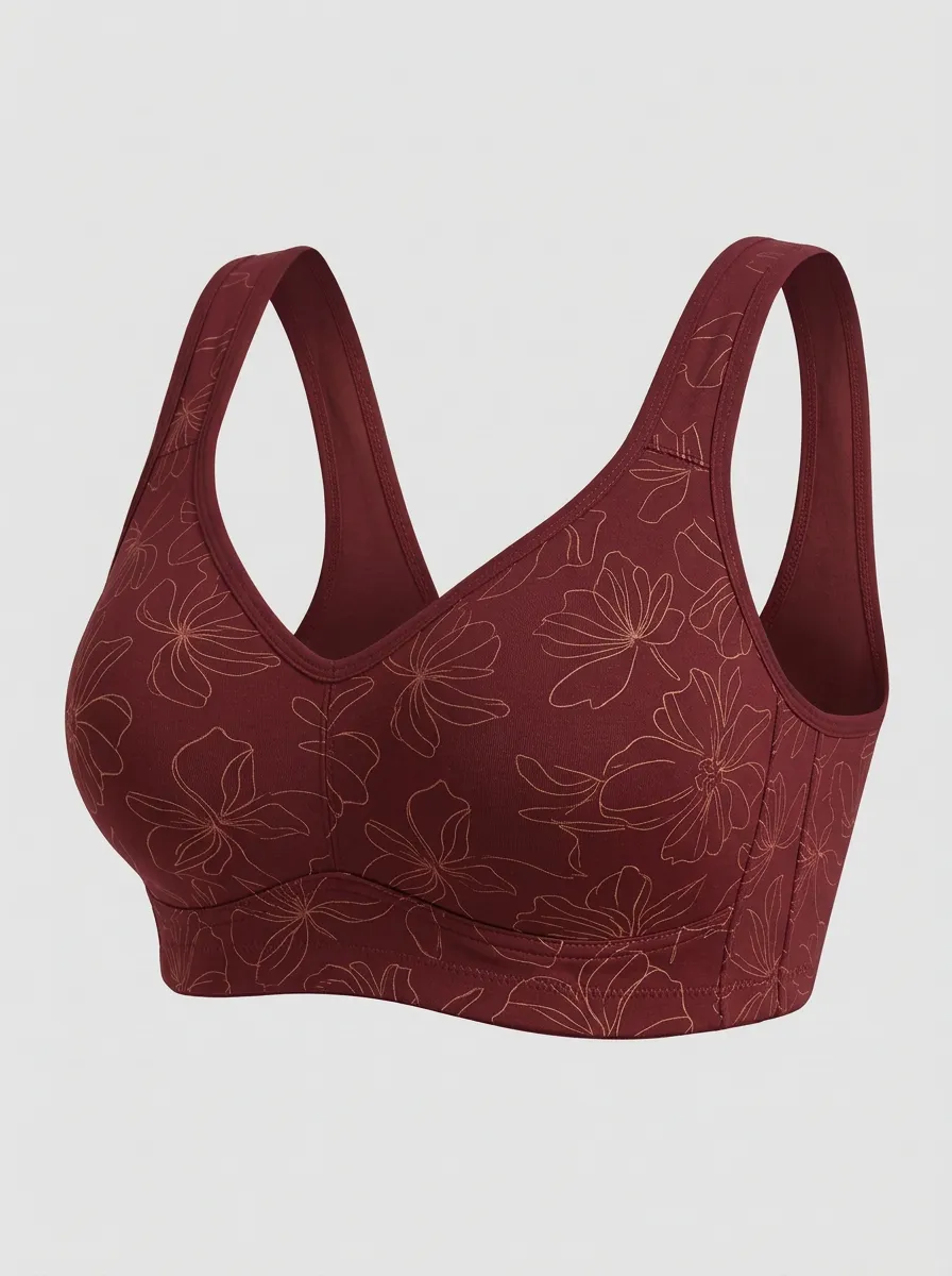 Women's Plus Size Beige Floral Outline V-Neck Wide-Strap Wireless Sports Bra