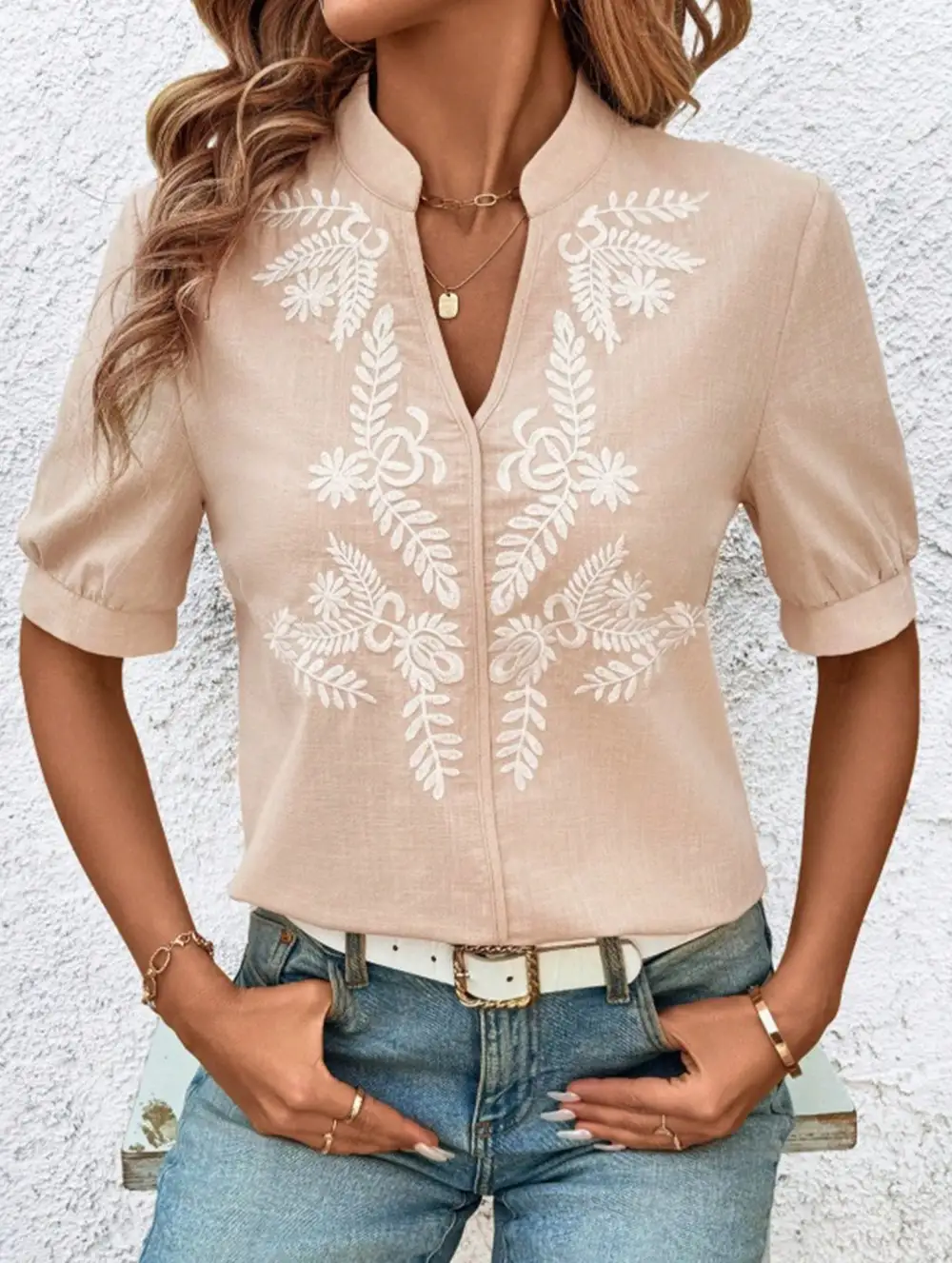 Everyday V Neck Embroidered Blouse