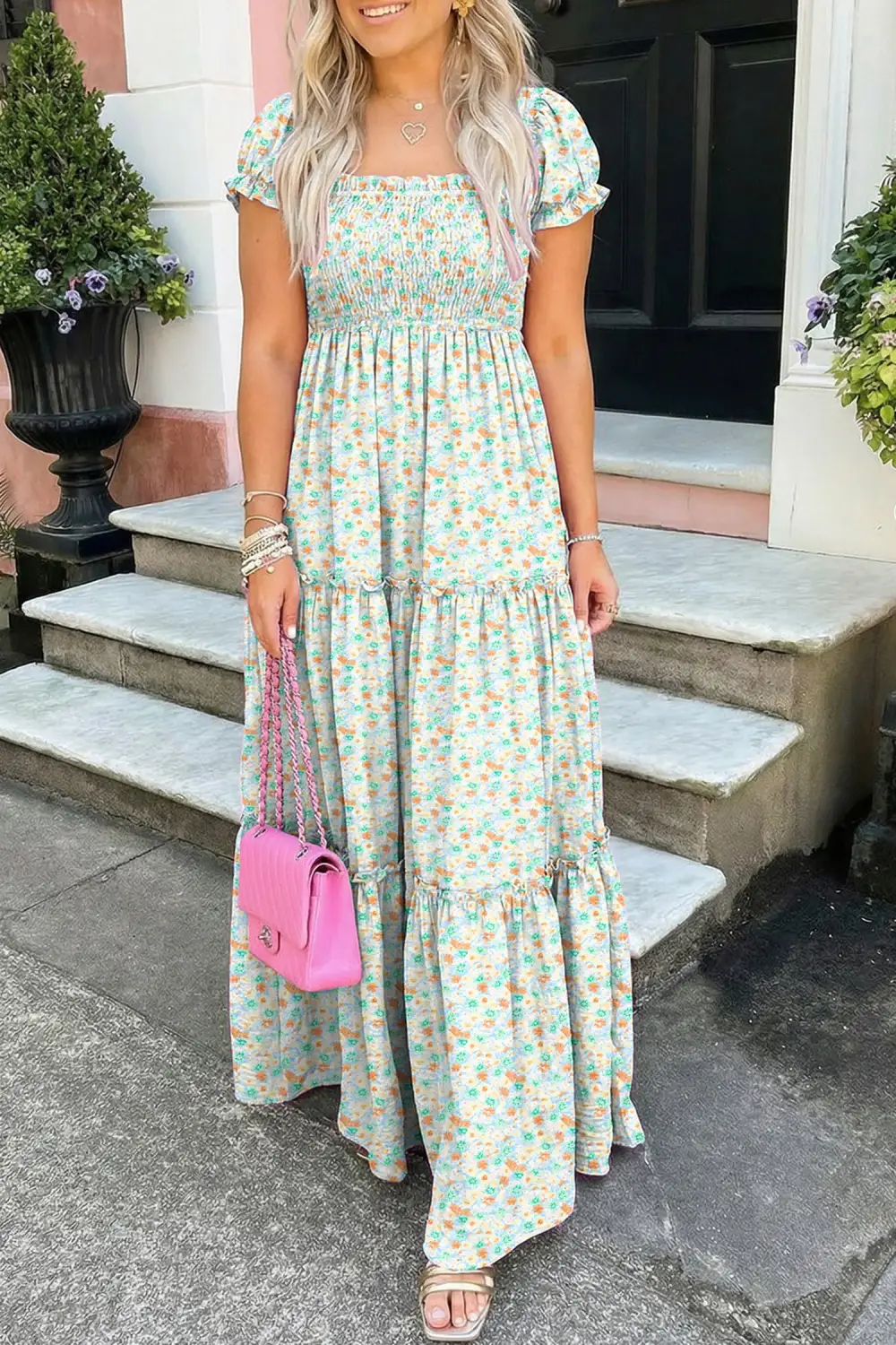 Refined Floral Short Bubble Sleeve Shirred High Waist Maxi Dress