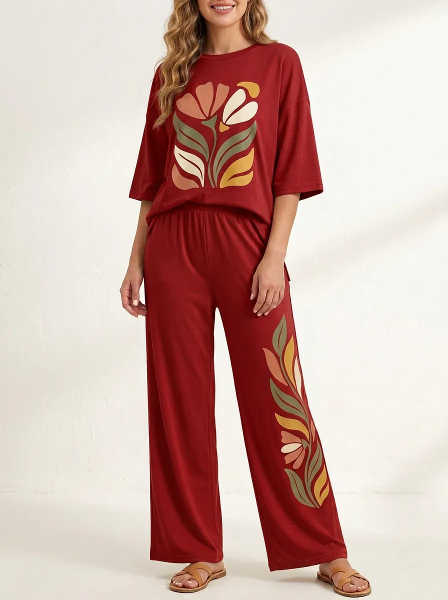 Women's Floral Graphic Drop-Shoulder Top And Wide-Leg Trouser Lounge Set