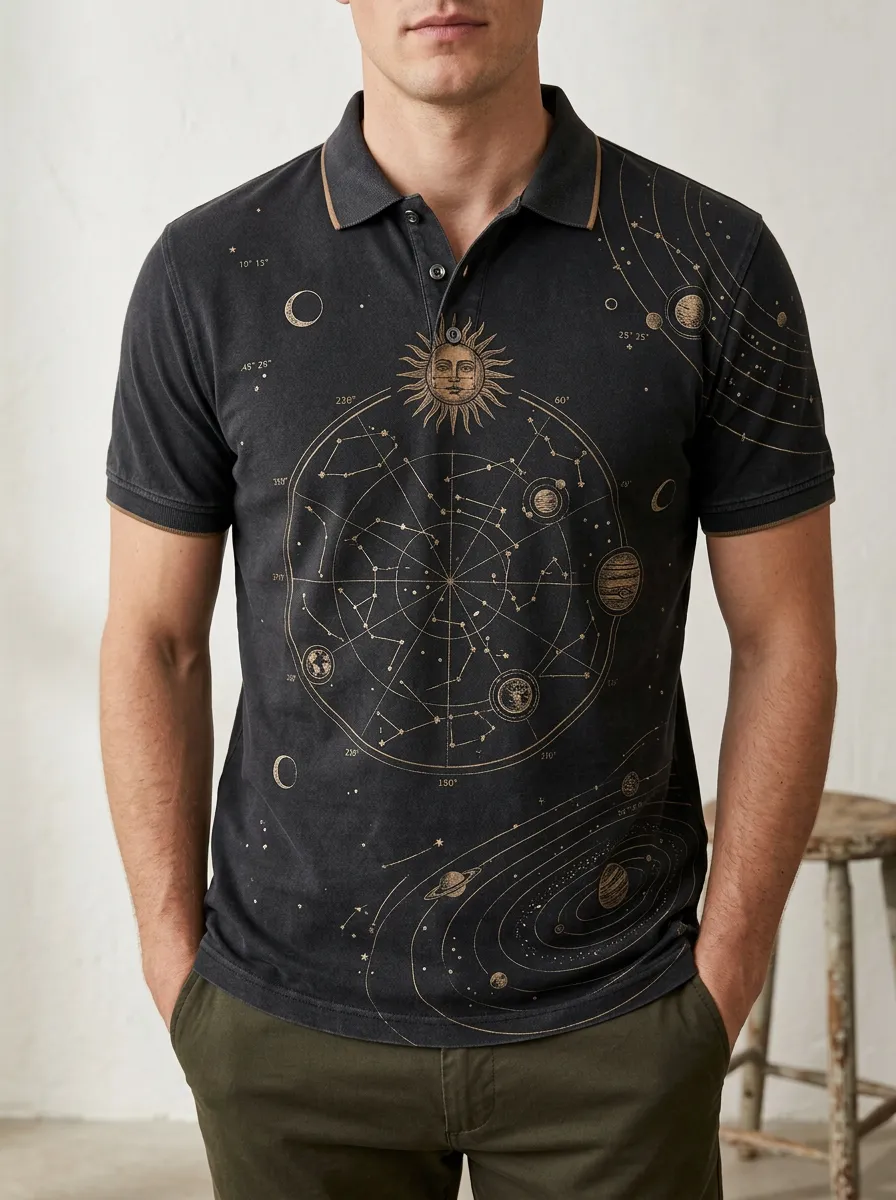 Men's Astronomy Lover Celestial Zodiac Printed Polo Shirt