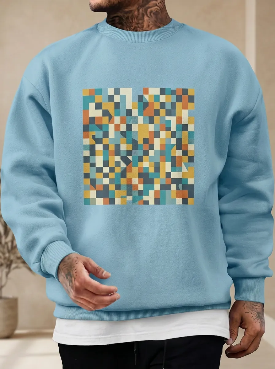 Men's Retro Geometric Pixel Art Printed Sweatshirt