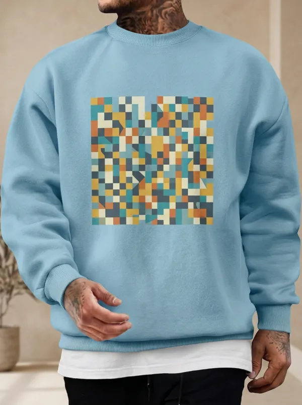 Men's Retro Geometric Pixel Art Printed Sweatshirt