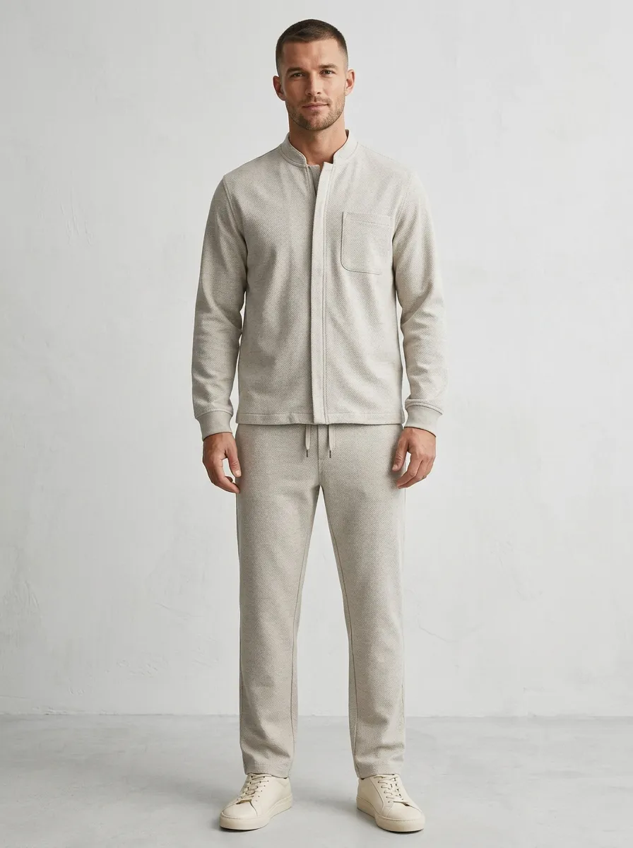 Modern Mandarin Collar Textured Minimalist Silhouette Men's Long Sleeve Top and Pants Two Piece Set