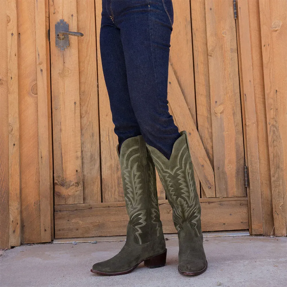 Faux-Suede Embroidered Pointed-Toe Chunky-Heel Knee-High Boots
