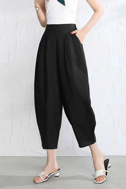 Contemporary Linen Wide Leg Elastic Waist Pocketed Trousers