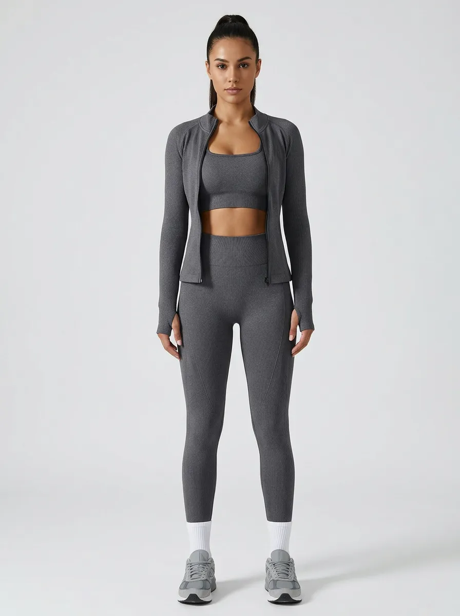 Performance-Inspired Ribbed Texture Fit Women's Three Piece Activewear Set