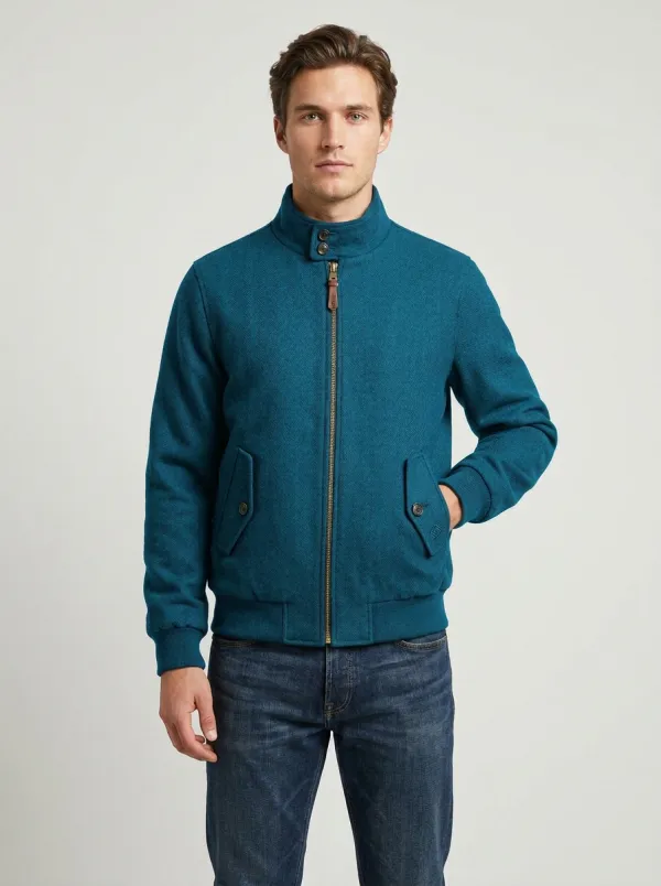Men's Casual Style Navy Herringbone Stand Collar Zip-Up Jacket