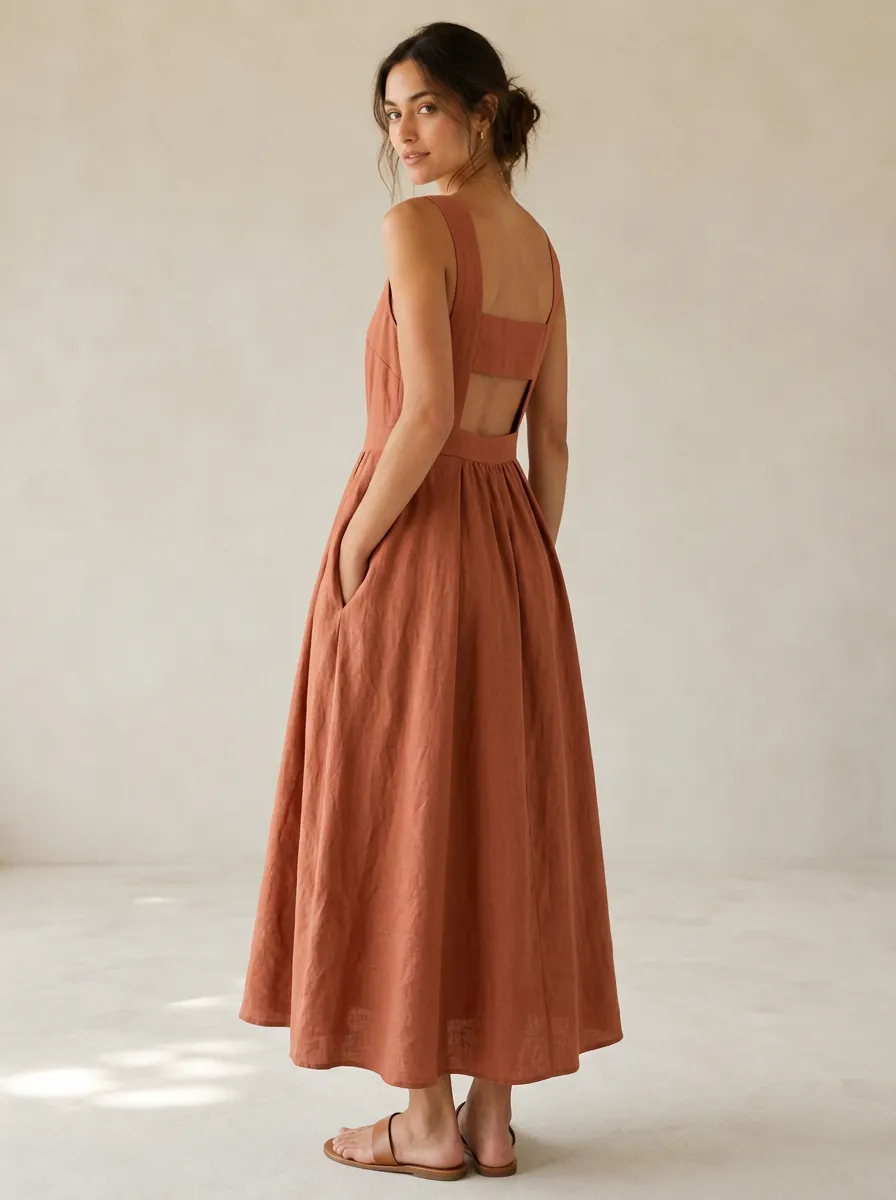 Women's Classic Casual Linen Midi Backless Dress