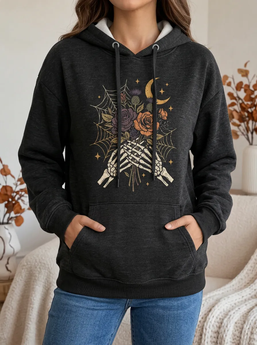 Women's Halloween Gothic Skeleton Hand Floral Printed Hoodie