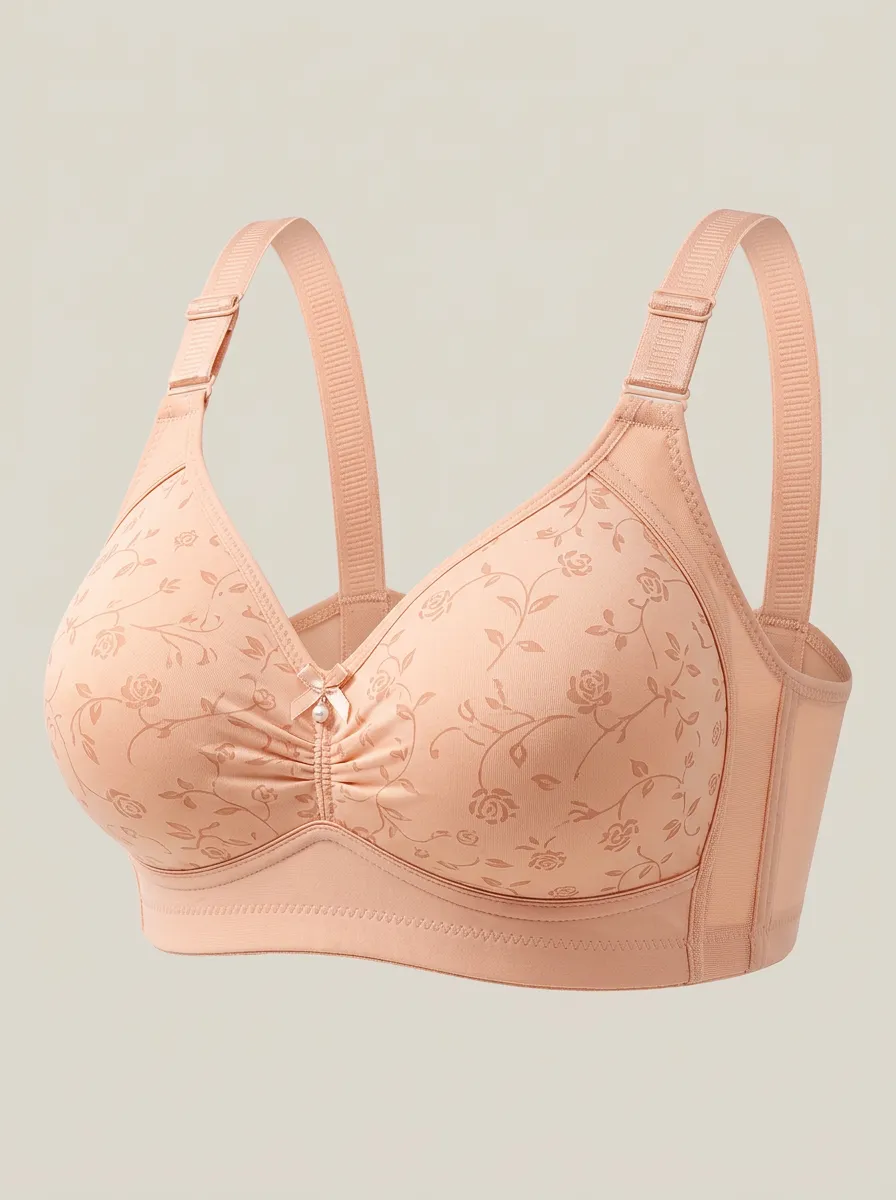 Women's Plus Size Peach Rose Floral Full-Coverage Wireless Bra