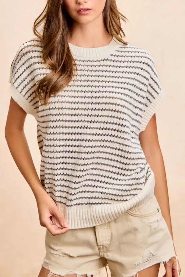 Pointelle Stripes Sleeveless Drop Shoulder Lightweight Sweater Top