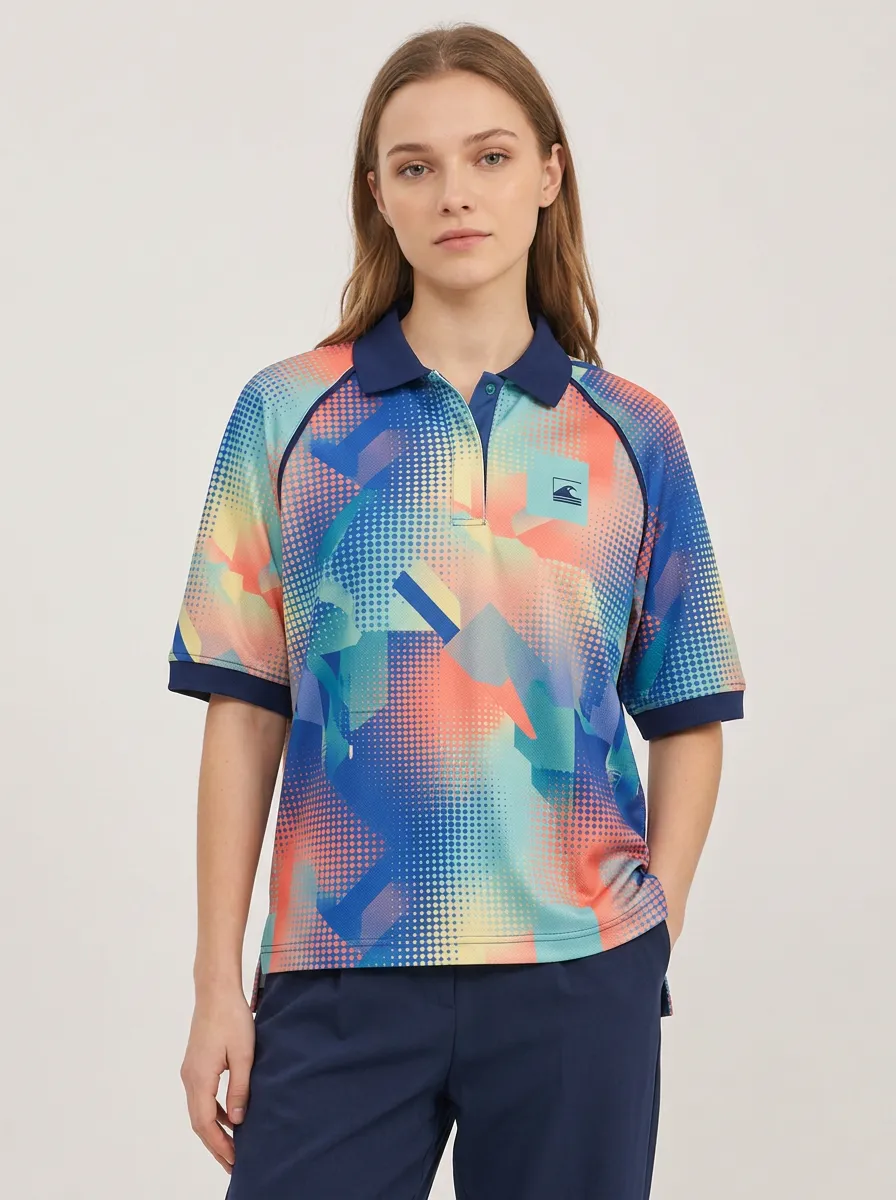 Women's Geometric Wave Pattern Printed Polo Shirt