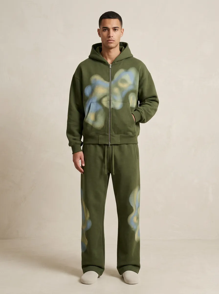 Men's Streetwear Abstract Airbrush Printed Hooded Tracksuit