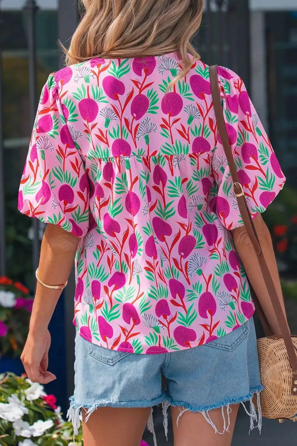 Floral Print Short Sleeve Contrast Patchwork Tassel Tie Blouse