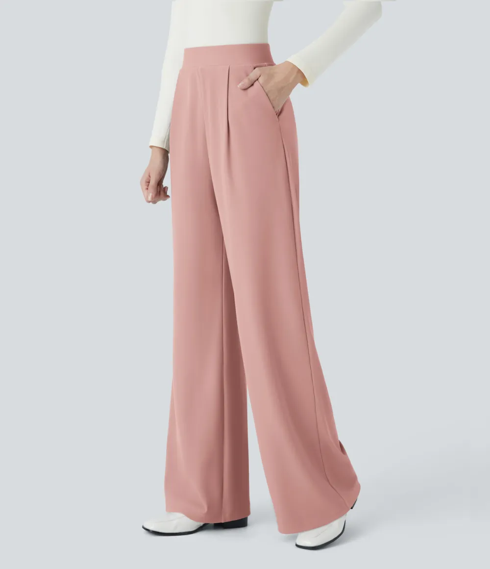  High Waisted Body Sculpt Waist-Slimming Side Pocket Wide Leg Micro Waffle Work Pants