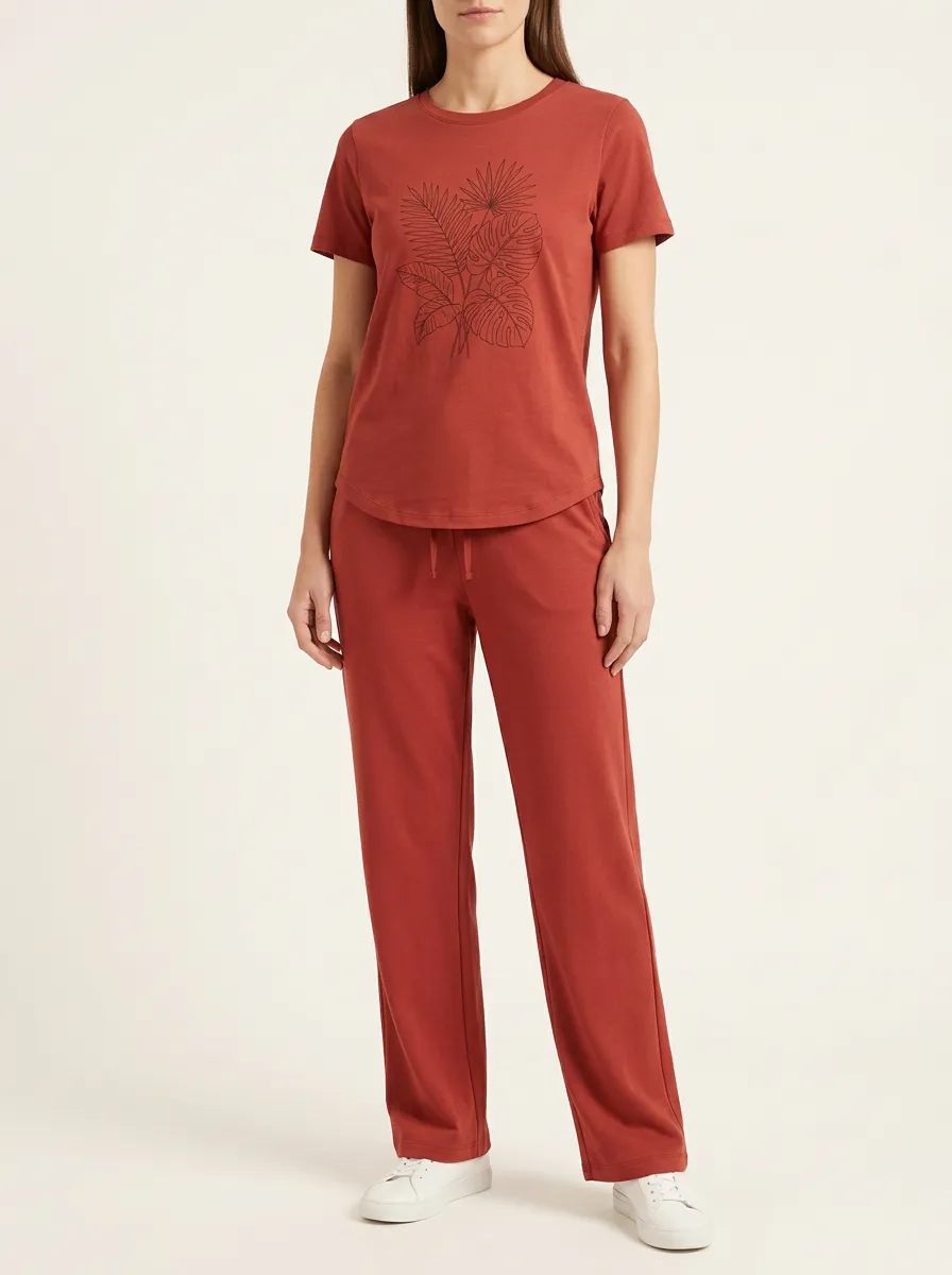 Women's Monstera Leaf Graphic Crewneck T-Shirt and Straight-Leg Pants Set