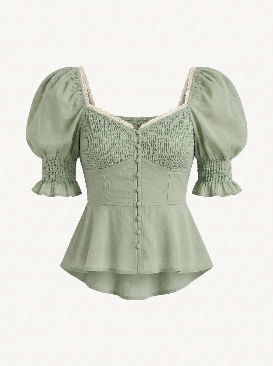 Women's Sage Green Swiss Dot Puff Sleeve Lace Trim Peplum Top
