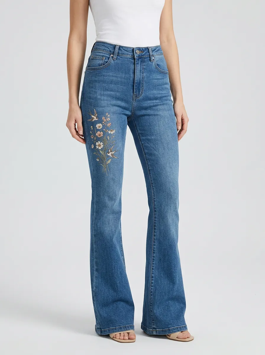 Women's Floral Swallow Embroidered High-Rise Flare Jeans