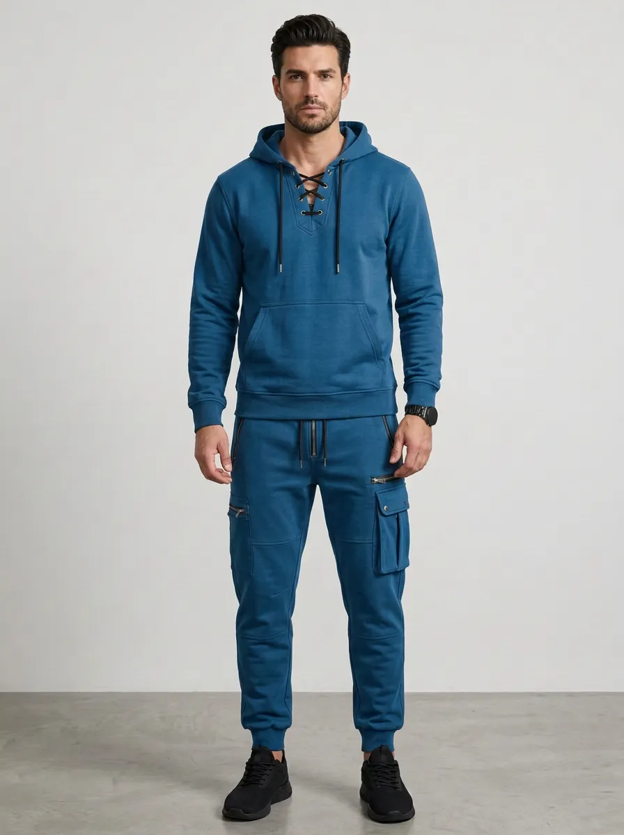 Resort-Inspired Lace-Up Multi Pocket Style Men's Lace Up Hoodie And Cargo Jogger Set