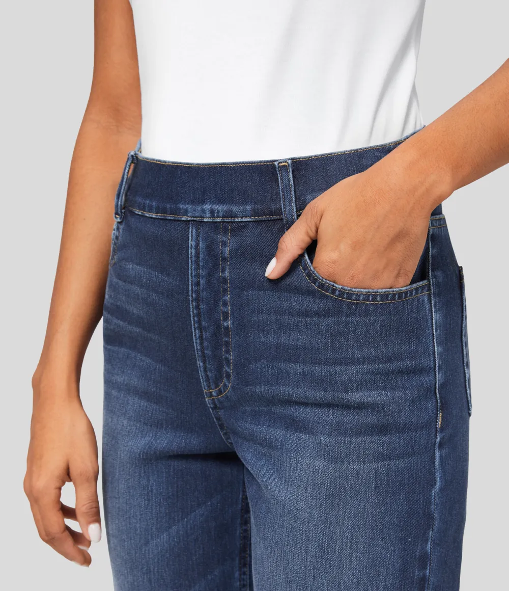 Magic High Waisted Multiple Pockets Straight Leg Washed Stretchy Knit Casual Jeans