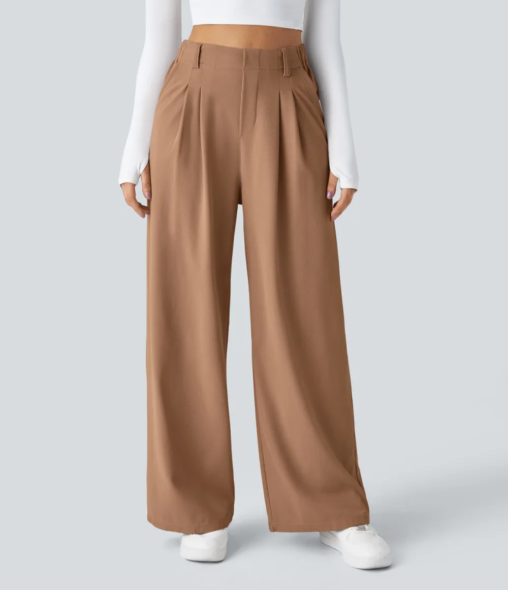 2026🔥  High Waisted Plicated Side Pocket Wide Leg Waffle Work Pants