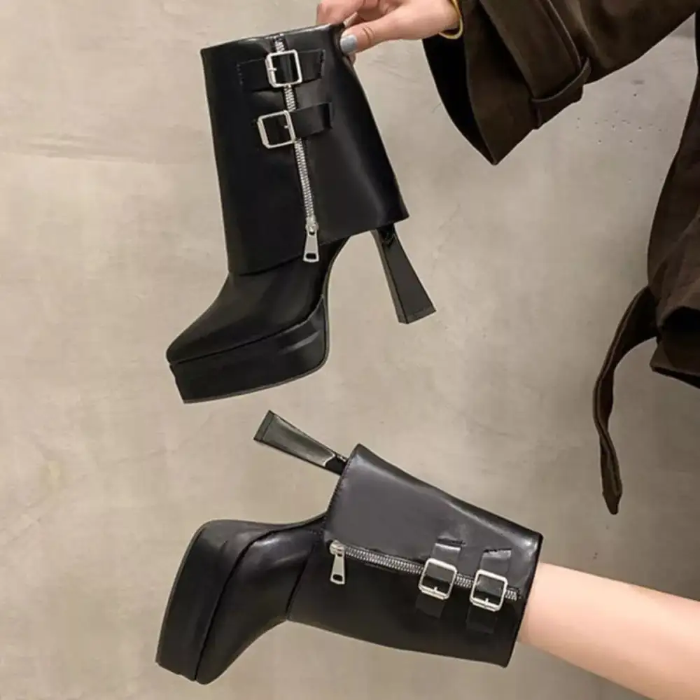 Buttoned Weekend Point Toe Block Heels Boots