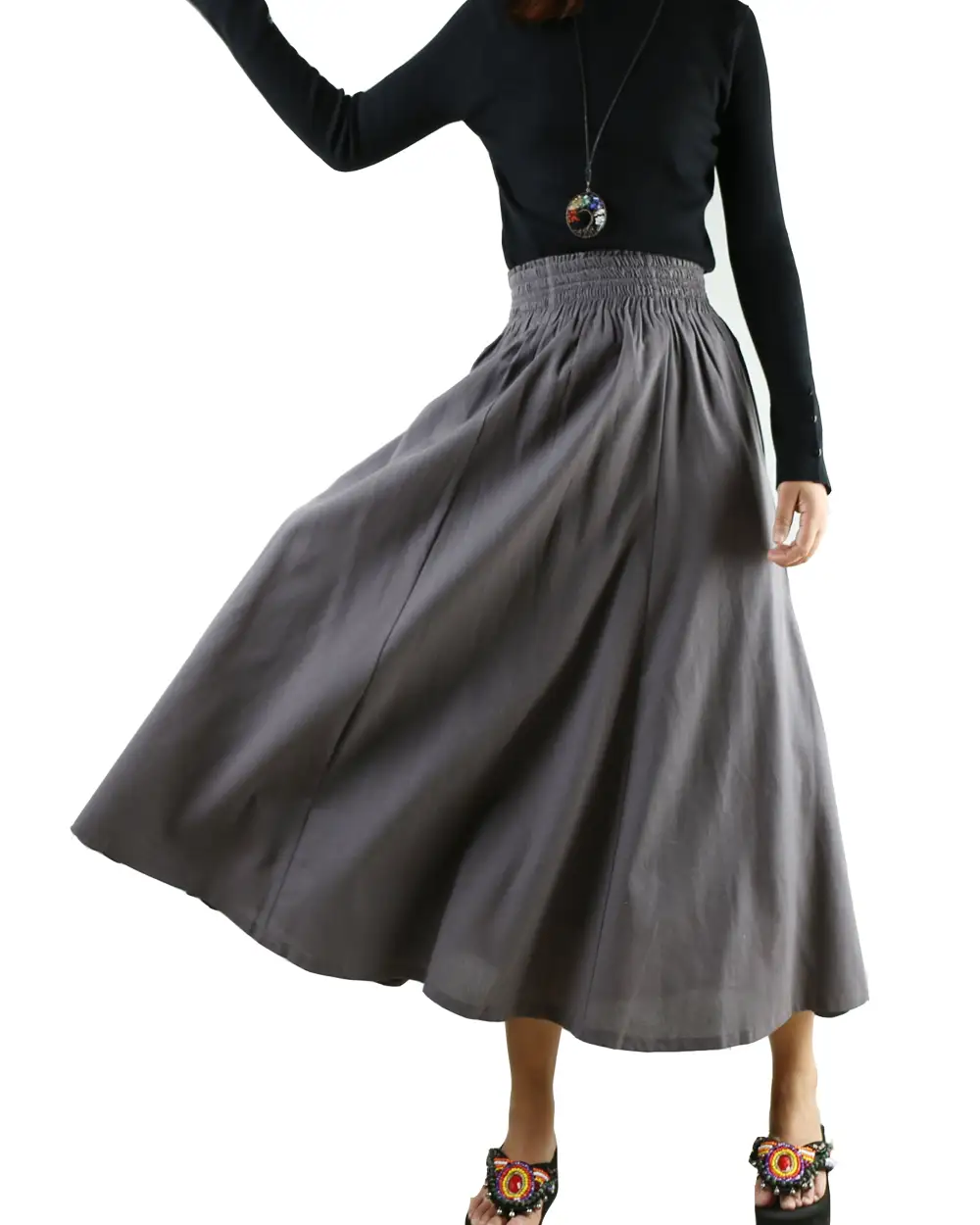 Pocketed Linen Flared Maxi Skirt