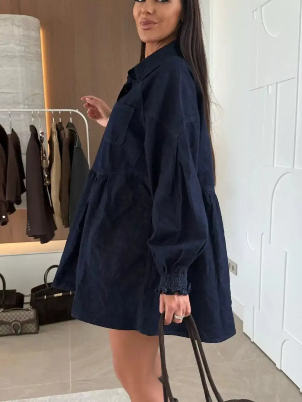 Denim Button Front Pocketed Mini Dress