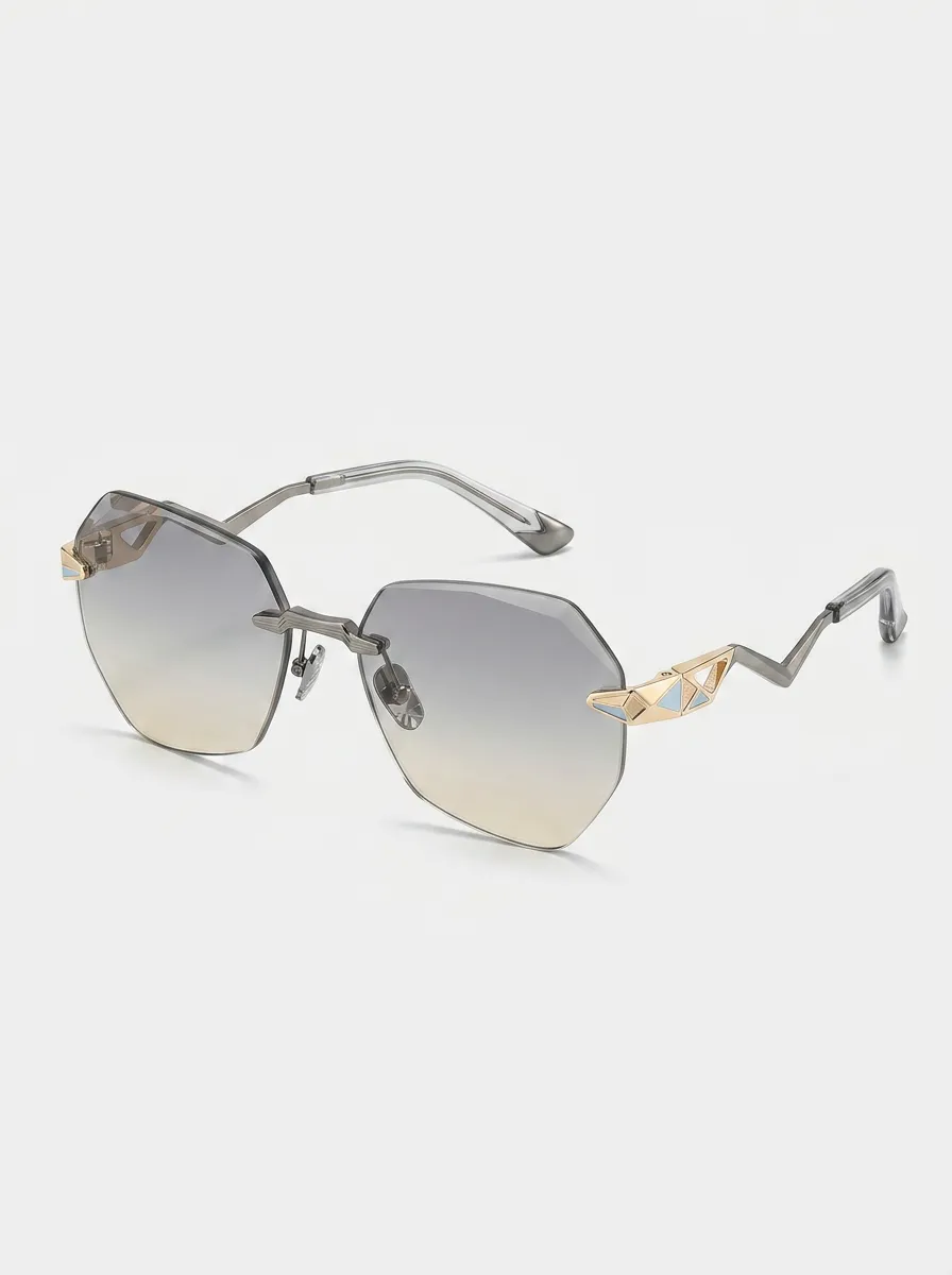 Unisex Geometric Gradient Lens Gold Zigzag Temple Sunglasses