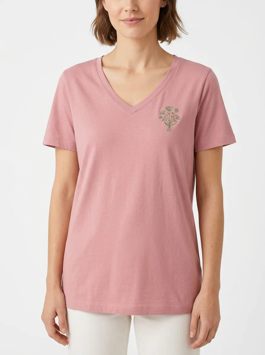 Women's Left-Chest Botanical-Embroidered V-Neck T-Shirt