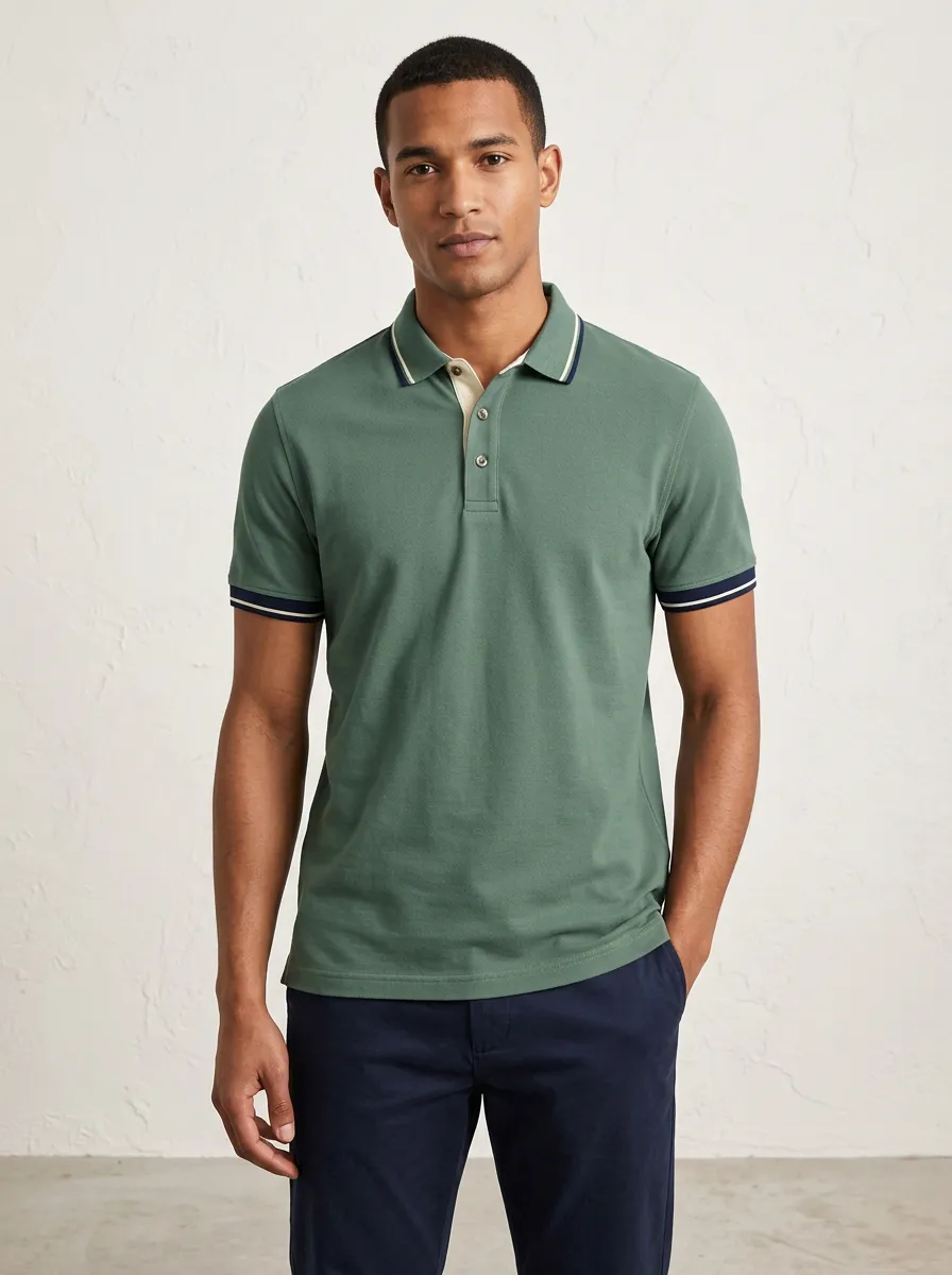 Men's Sage Green Contrast Trim Casual Polo Shirt