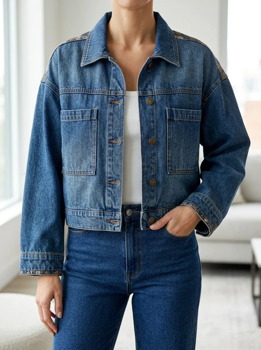 Women's Denim Jacket with High Neck Short Sleeve Detail
