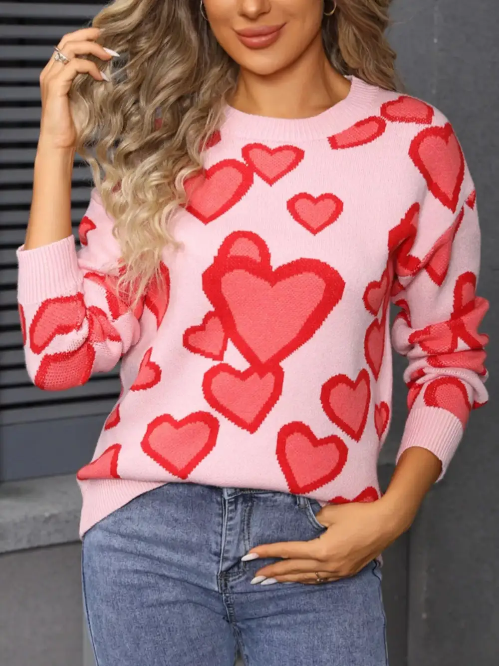 Textured Valentine's Day Heart Crew Neck Sweater