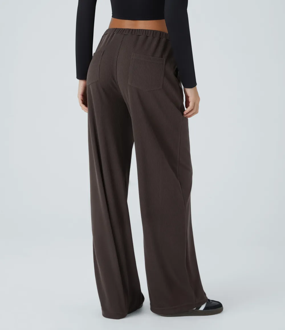 Ribbed Mid Low Rise Inside Drawstring Multiple Pockets Wide Leg Casual Pants