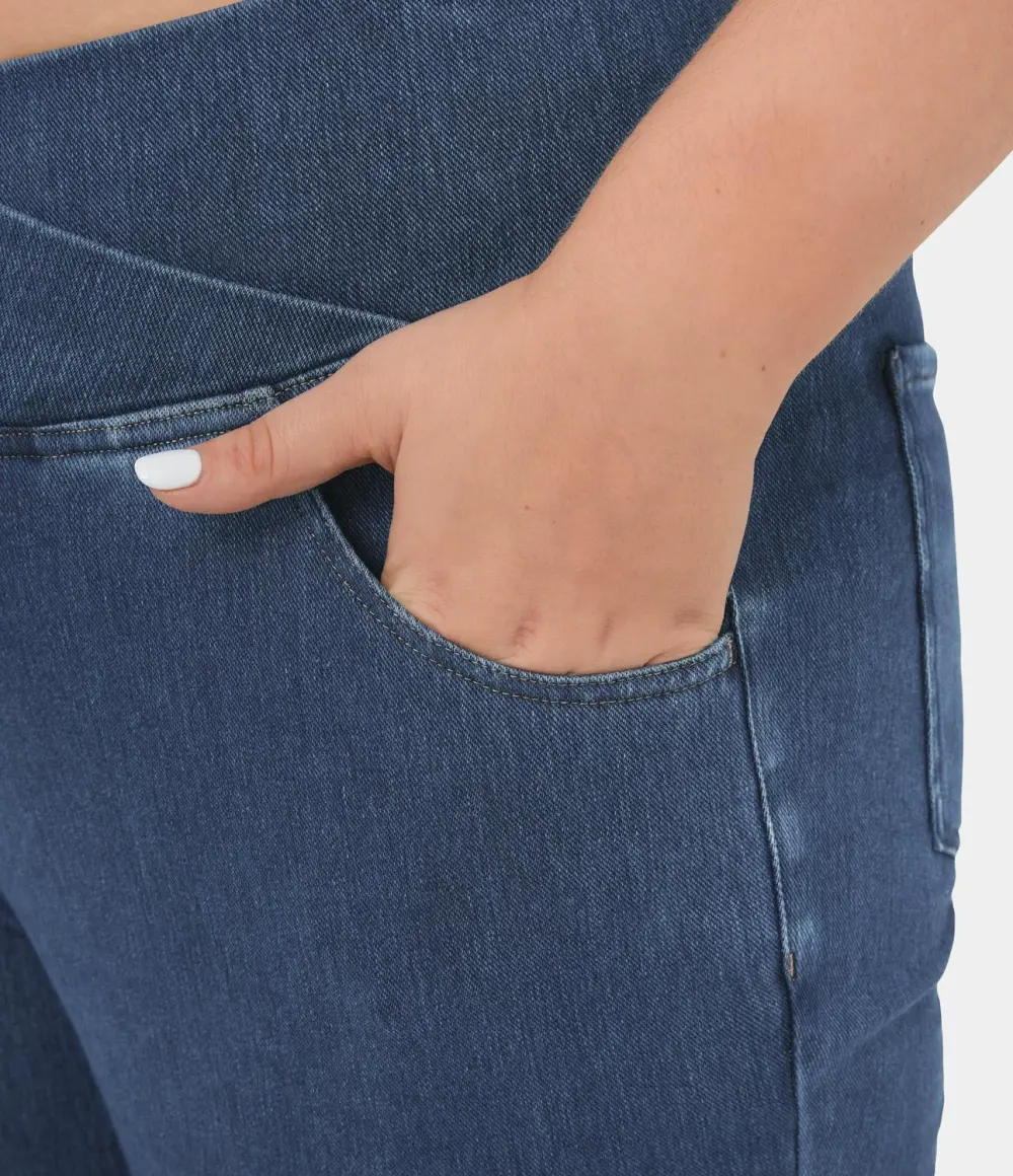 Magic High Waisted Crossover Pocket Cool Touch Breathable Washed Stretchy Knit Plus Size Casual Super Flare Jeans
