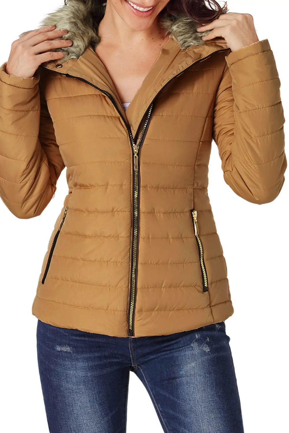 Faux Fur Collar Trim Quilted Jacket