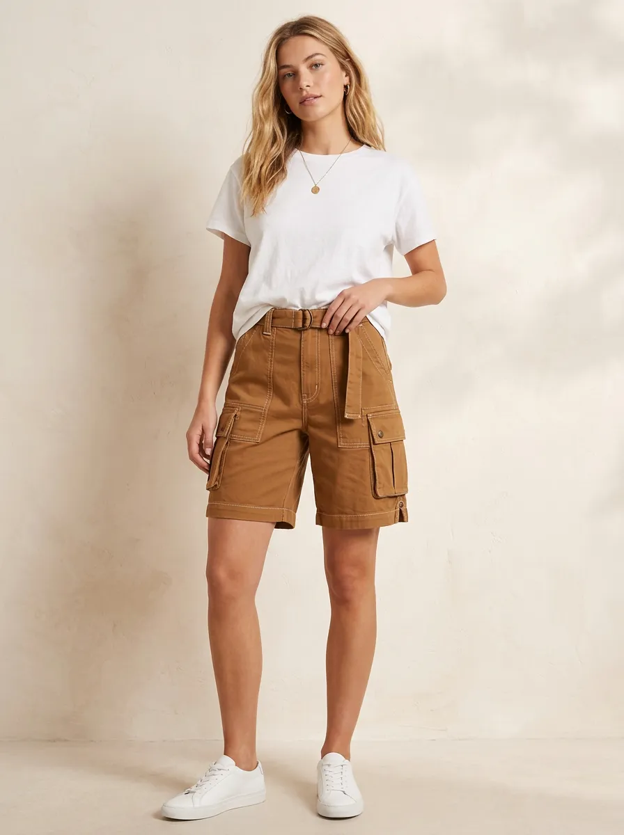 Women's Casual Outdoor Brown Belted Cargo Shorts