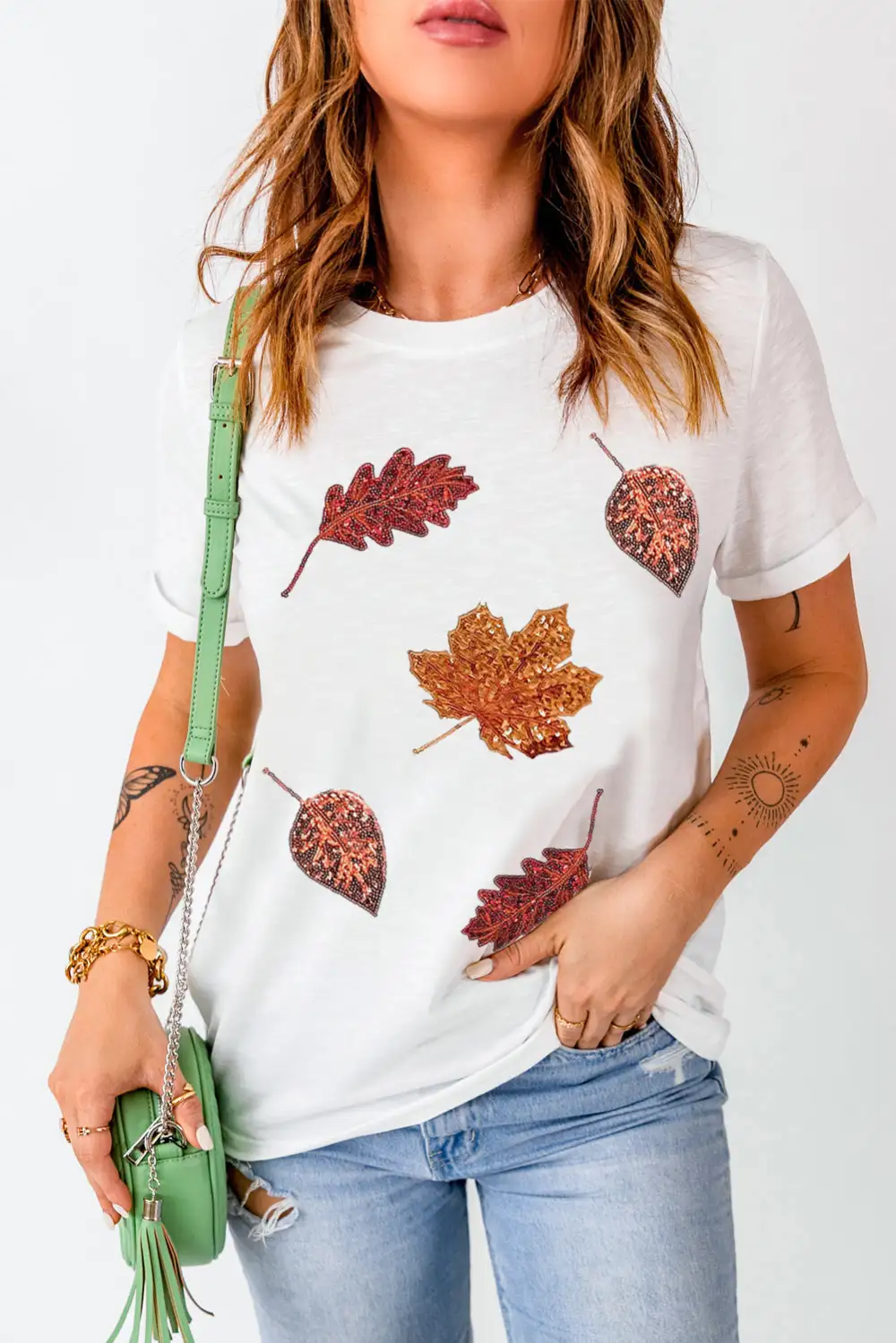 White Halloween Sequined Leaves Graphic
