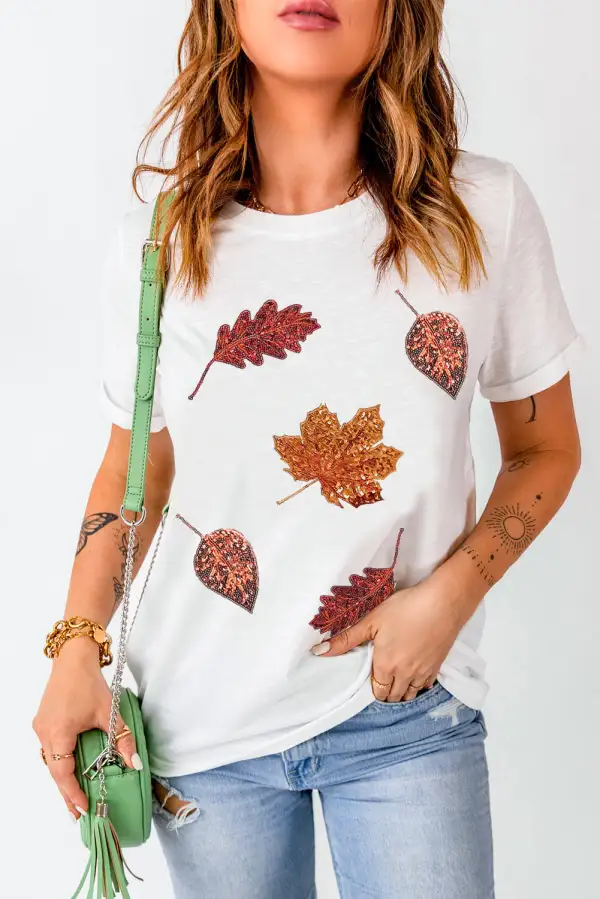 White Halloween Sequined Leaves Graphic