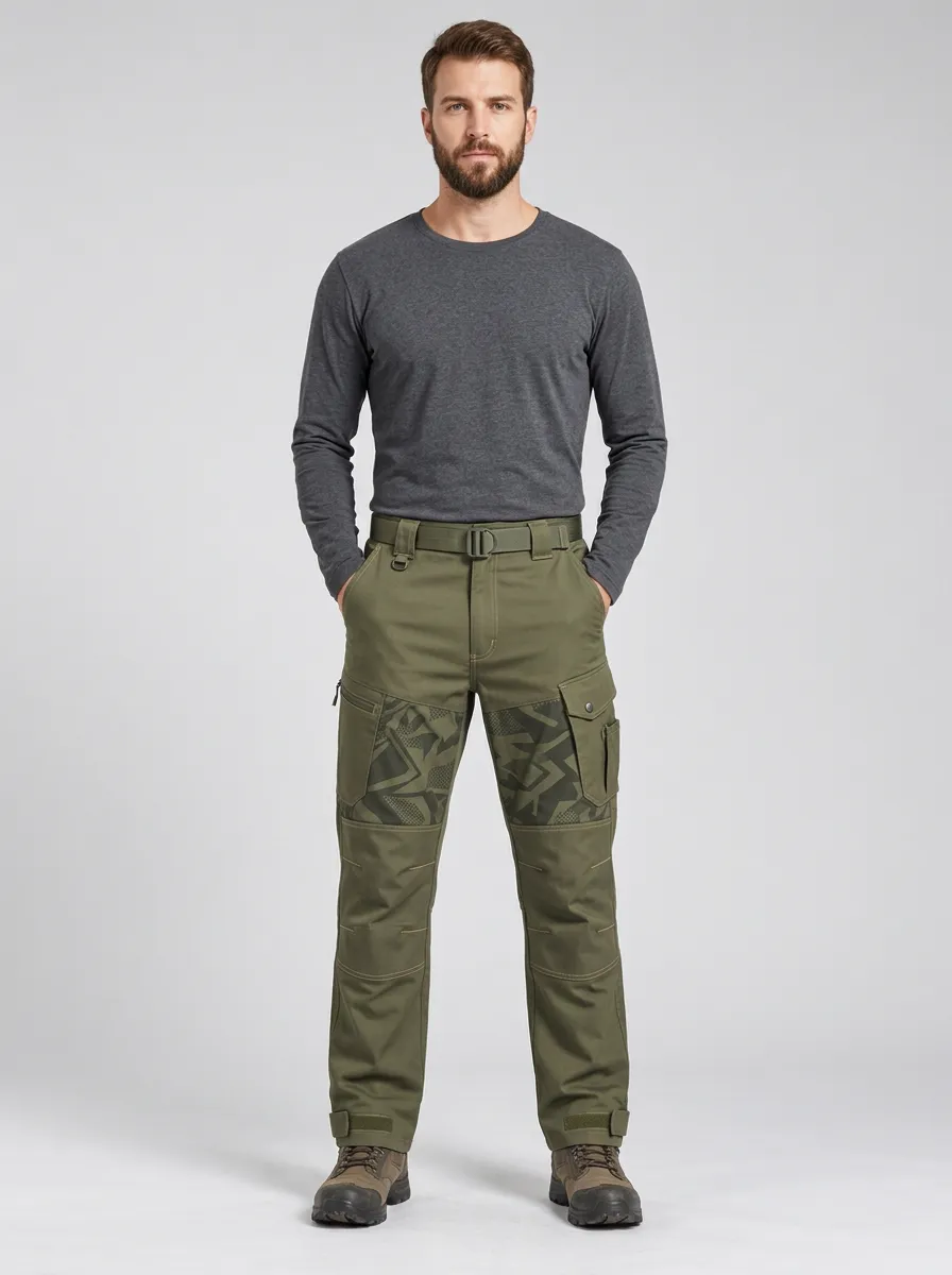 Men's Olive Green Geometric Multi-Pocket Tactical Cargo Pants