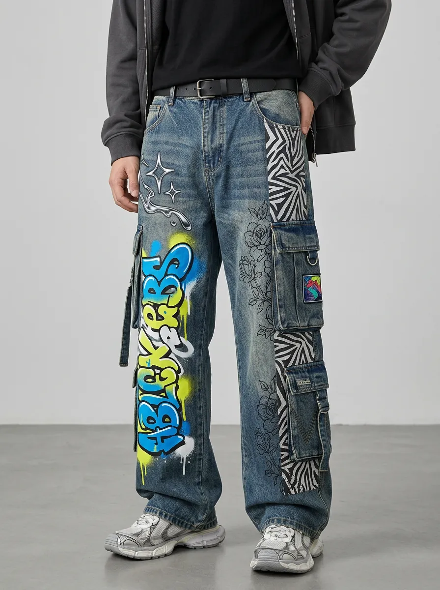 Men's Streetwear Graffiti Rose Zebra Graphic Cargo Jeans